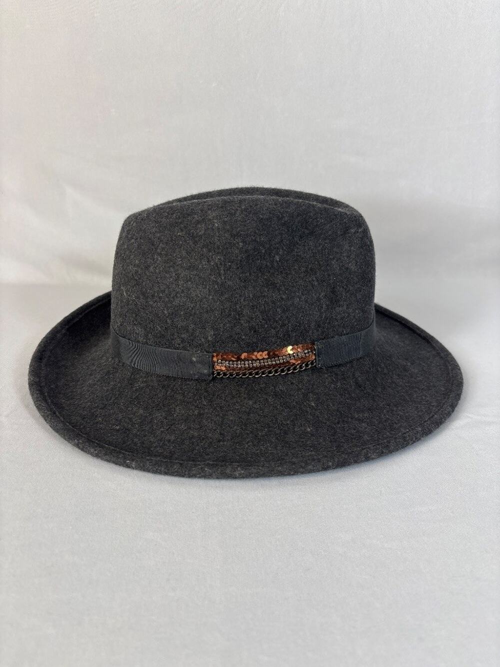 Giovannio New York Charcoal‎ Gray Wool Fedora Hat Classic Sequin Chain Band